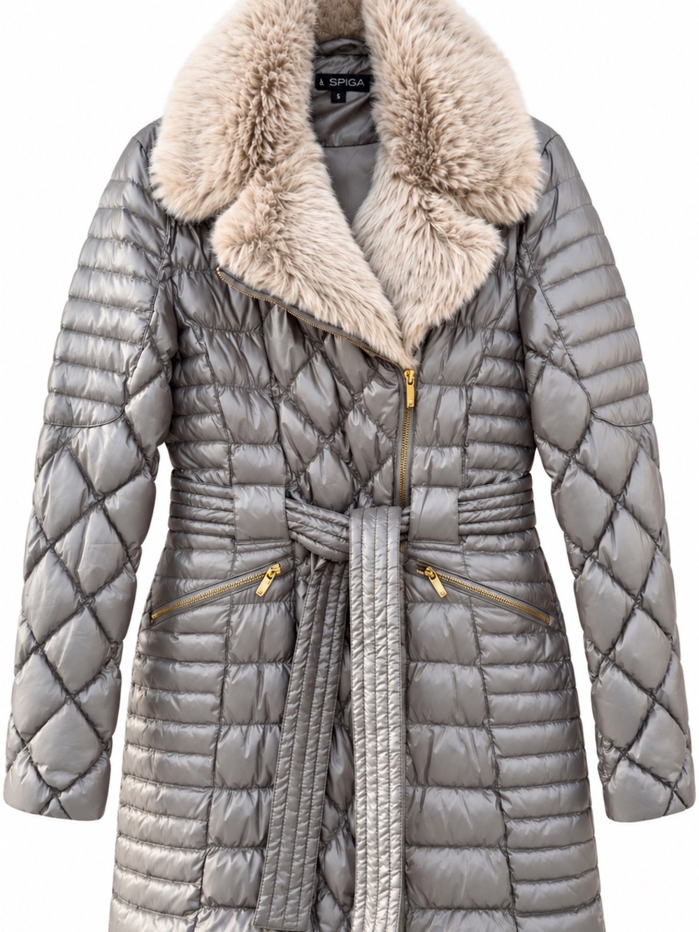 Via Spiga Down Waterfowl Taupe Silver Quilted Puffer Coat (Orig $295)
